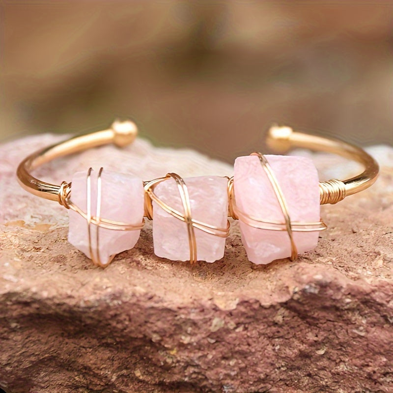 3pcs/Set Of Vintage Bohemian Style Cuff Bracelet Set with Natural Pink Crystal Necklace and Open Ring Jewelry - Perfect Gift for Thanksgiving/Christmas, Wedding Vocation Jewelry Set for Your Lover