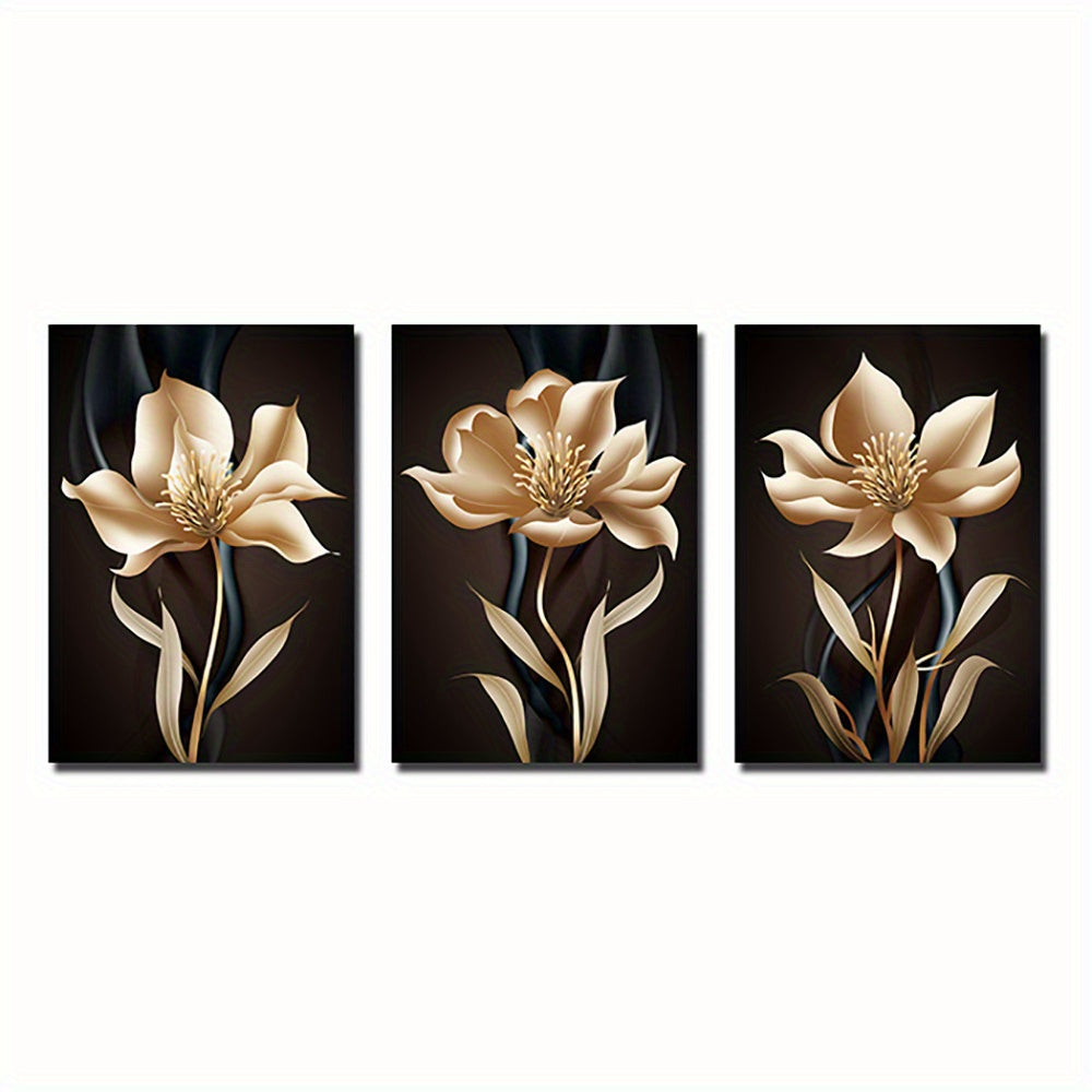 3pcs Frameless Modern Abstract Black and Golden Flower Canvas Painting Wall Art for Living Room Decor - Eye-Catching and Stunning