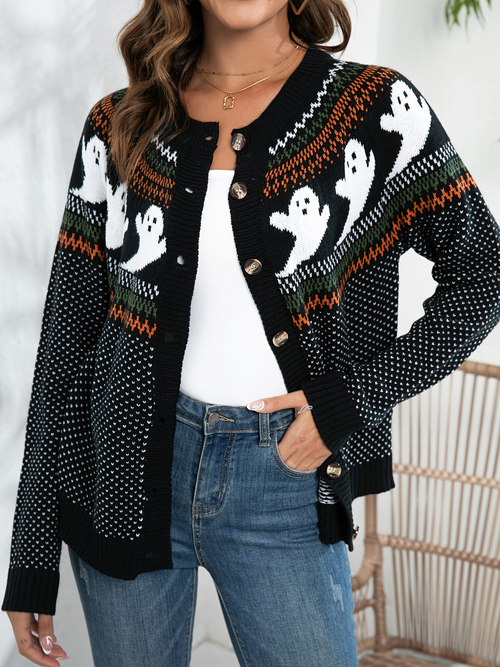 [Halloween] Womens Halloween Ghost Pattern Cardigan Sweater - Soft Knit, Button Down, Vintage Crew Neck, Long Sleeve - Perfect for Halloween, Retro Fashion Staple