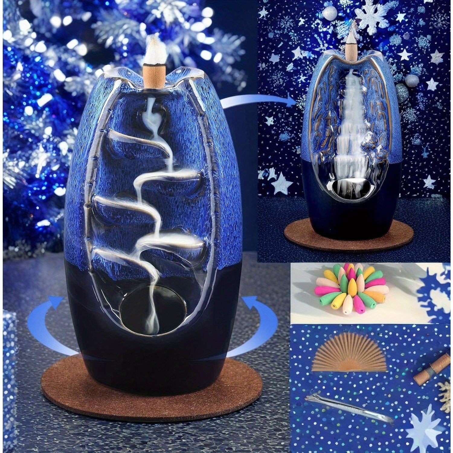 1pc SOLEJAZZ Ceramic Counter Current Incense Burner, Dual-Sided Waterfall Design, 120 Cones & 30 Sticks, Aromatherapy Home Decor, Navy Blue, No Electricity Needed