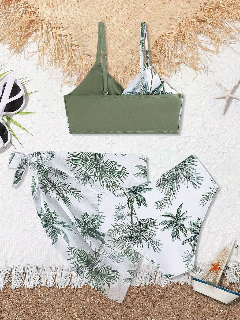 Toddle Girls Swimsuit, Bathing Suits 3 Piece Tropical Floral Twist Cross Bikini Sets Girls' Swimwear With Cover Up Skirt