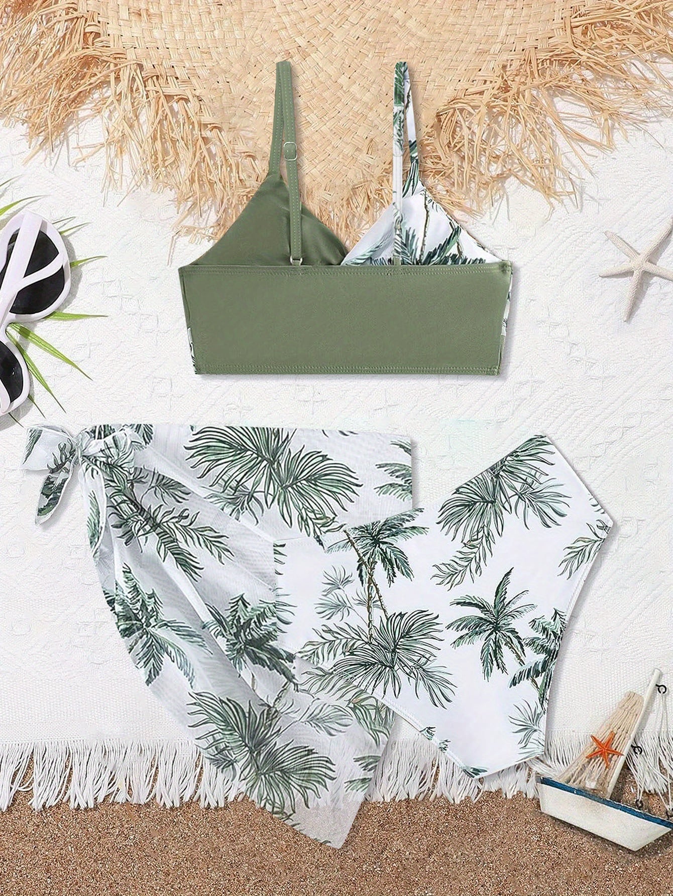 Toddle Girls Swimsuit, Bathing Suits 3 Piece Tropical Floral Twist Cross Bikini Sets Girls' Swimwear With Cover Up Skirt