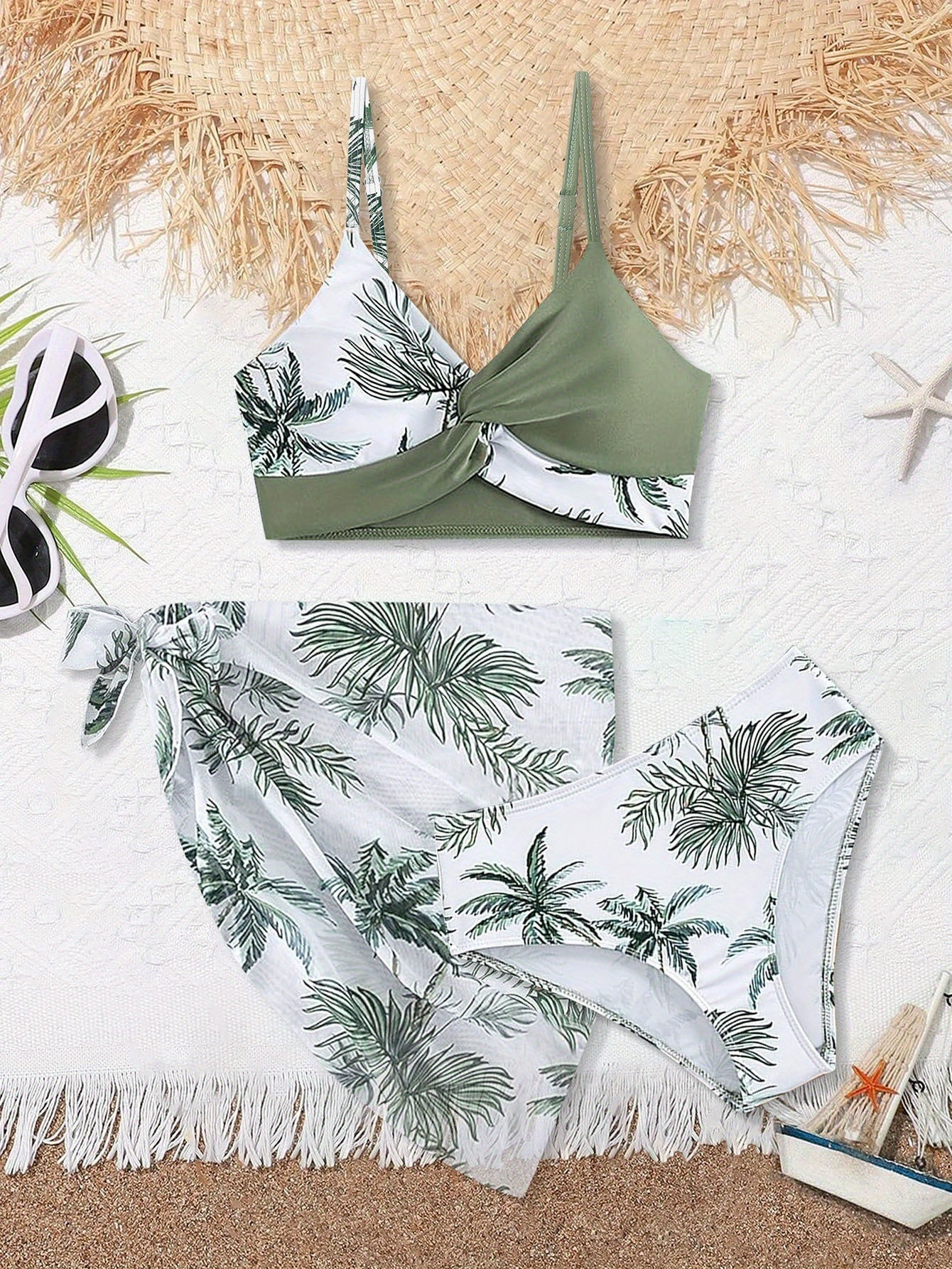 Toddle Girls Swimsuit, Bathing Suits 3 Piece Tropical Floral Twist Cross Bikini Sets Girls' Swimwear With Cover Up Skirt