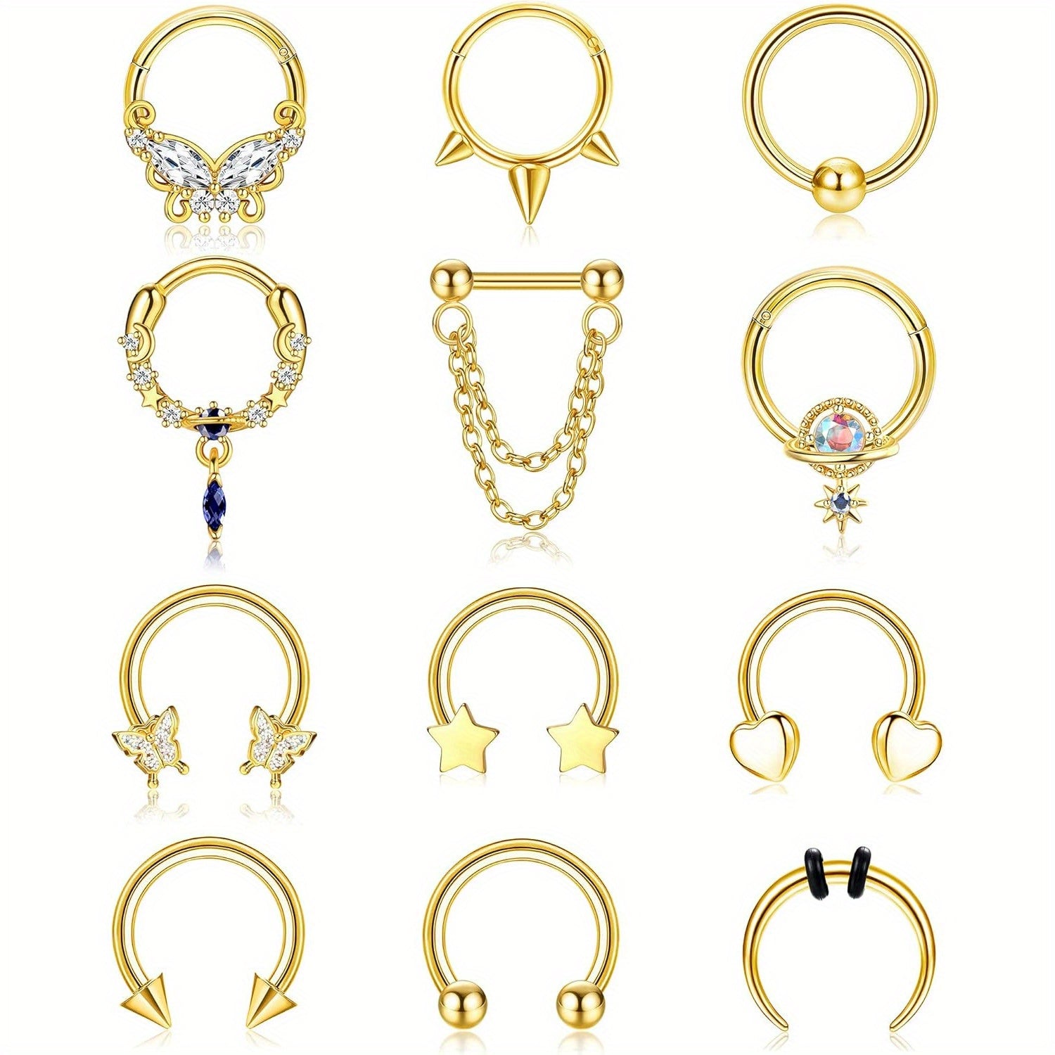 FIBO STEEL 12Pcs Septum Nose Rings Set for Women 16Guage Dangle Septum Jewelry Hinged Nose Rings Star Heart Horseshoe Daith Tragus Helix Cartilage Septum Piercing Jewerly