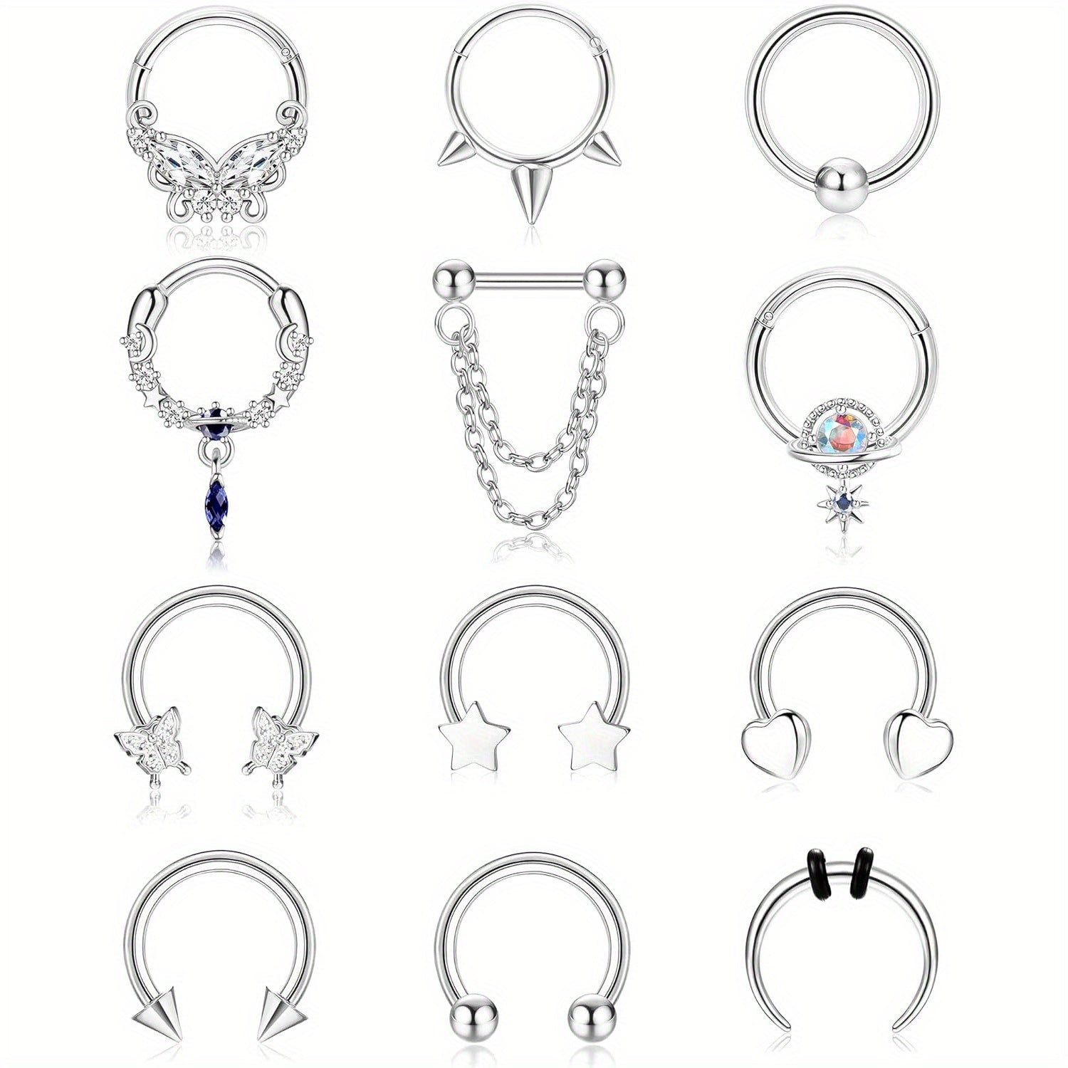 FIBO STEEL 12Pcs Septum Nose Rings Set for Women 16Guage Dangle Septum Jewelry Hinged Nose Rings Star Heart Horseshoe Daith Tragus Helix Cartilage Septum Piercing Jewerly