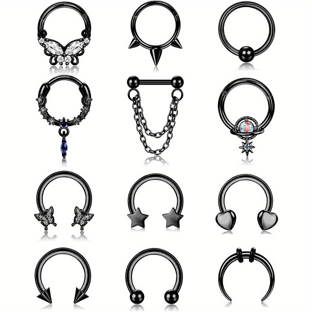FIBO STEEL 12Pcs Septum Nose Rings Set for Women 16Guage Dangle Septum Jewelry Hinged Nose Rings Star Heart Horseshoe Daith Tragus Helix Cartilage Septum Piercing Jewerly