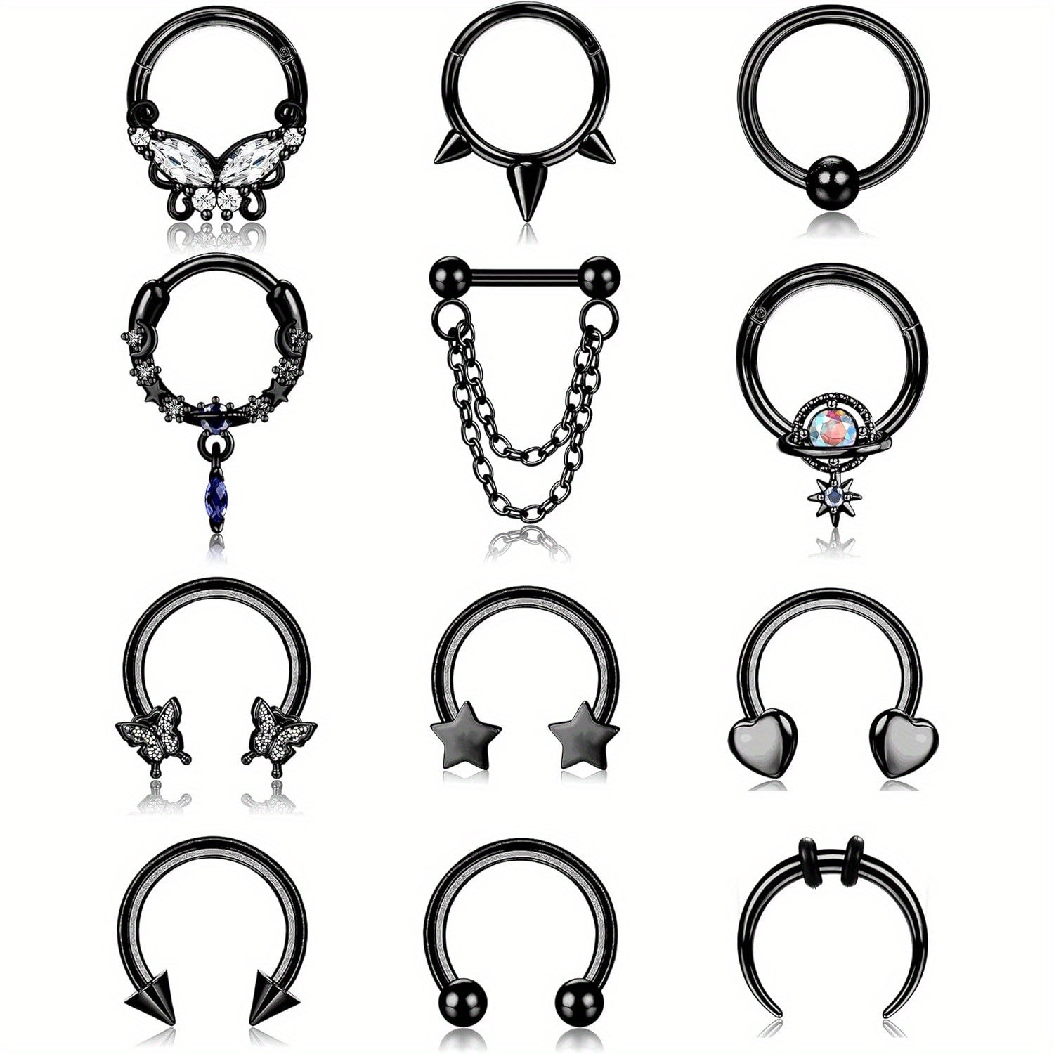 FIBO STEEL 12Pcs Septum Nose Rings Set for Women 16Guage Dangle Septum Jewelry Hinged Nose Rings Star Heart Horseshoe Daith Tragus Helix Cartilage Septum Piercing Jewerly