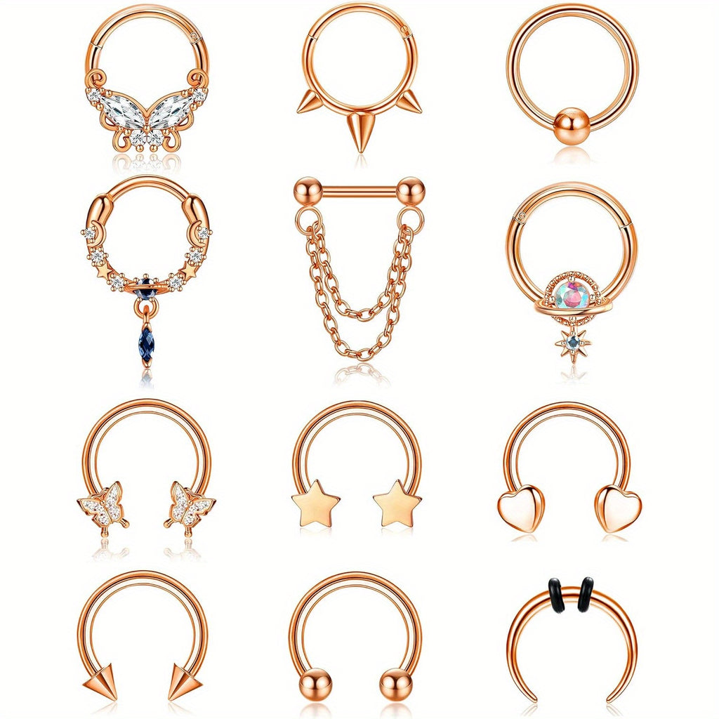 FIBO STEEL 12Pcs Septum Nose Rings Set for Women 16Guage Dangle Septum Jewelry Hinged Nose Rings Star Heart Horseshoe Daith Tragus Helix Cartilage Septum Piercing Jewerly