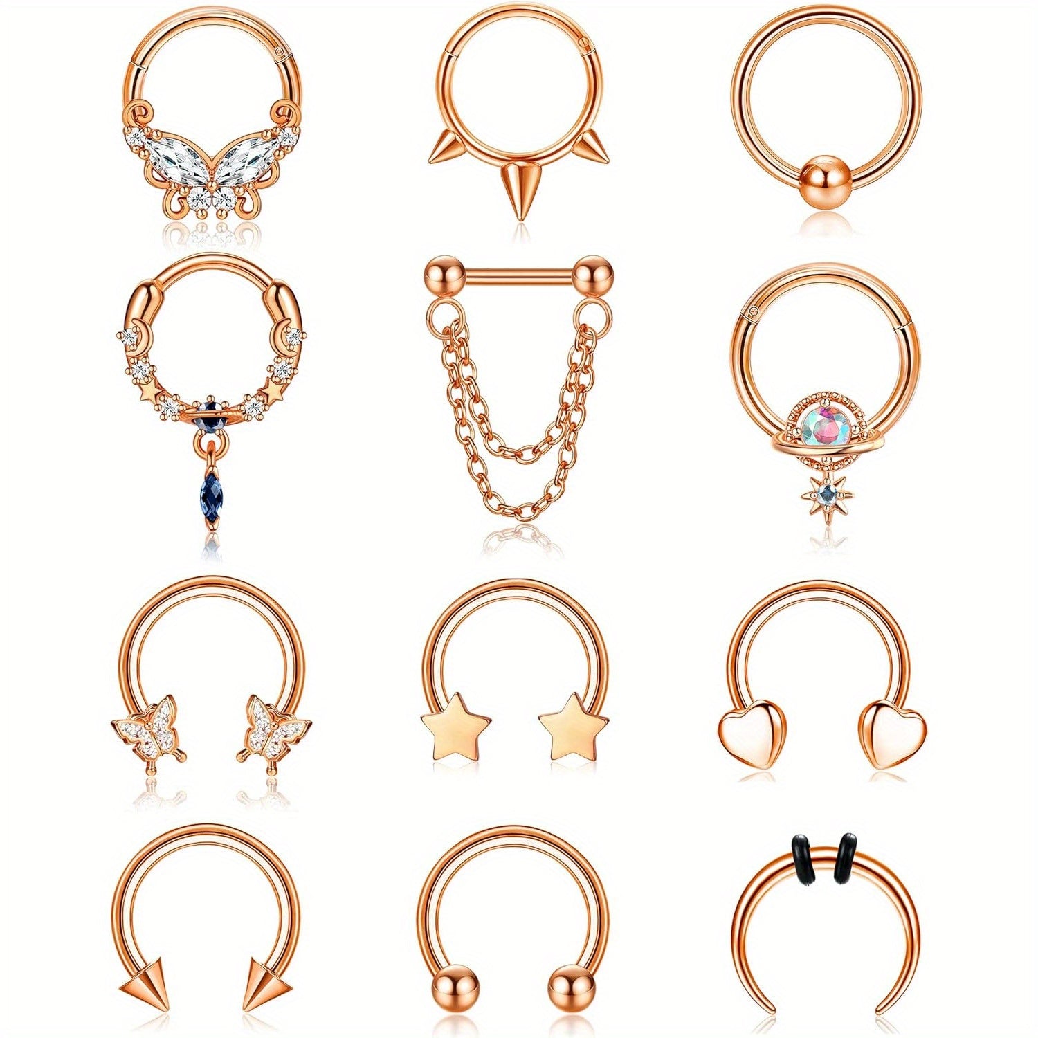 FIBO STEEL 12Pcs Septum Nose Rings Set for Women 16Guage Dangle Septum Jewelry Hinged Nose Rings Star Heart Horseshoe Daith Tragus Helix Cartilage Septum Piercing Jewerly