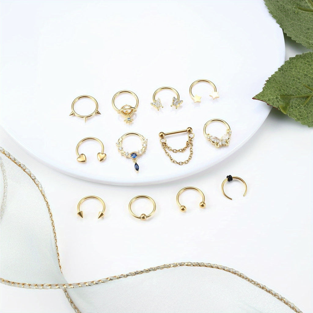 FIBO STEEL 12Pcs Septum Nose Rings Set for Women 16Guage Dangle Septum Jewelry Hinged Nose Rings Star Heart Horseshoe Daith Tragus Helix Cartilage Septum Piercing Jewerly