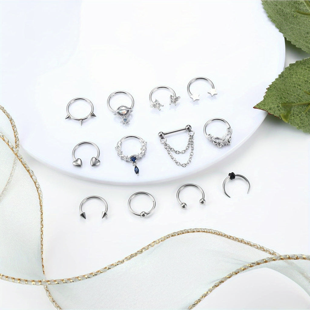 FIBO STEEL 12Pcs Septum Nose Rings Set for Women 16Guage Dangle Septum Jewelry Hinged Nose Rings Star Heart Horseshoe Daith Tragus Helix Cartilage Septum Piercing Jewerly