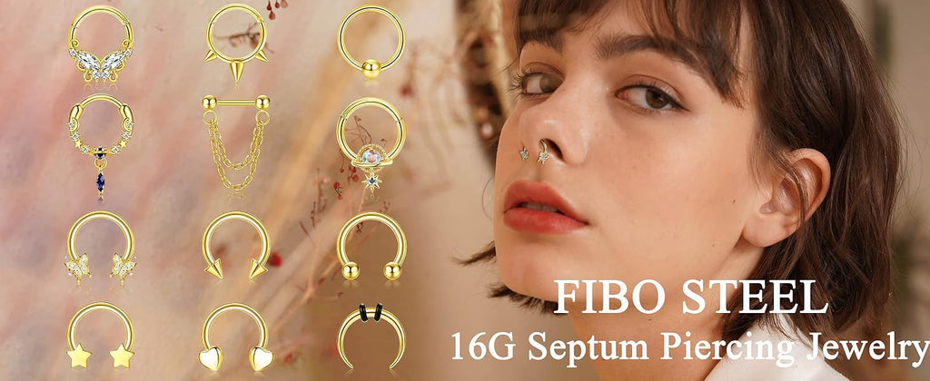 FIBO STEEL 12Pcs Septum Nose Rings Set for Women 16Guage Dangle Septum Jewelry Hinged Nose Rings Star Heart Horseshoe Daith Tragus Helix Cartilage Septum Piercing Jewerly