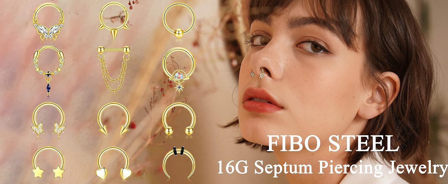 FIBO STEEL 12Pcs Septum Nose Rings Set for Women 16Guage Dangle Septum Jewelry Hinged Nose Rings Star Heart Horseshoe Daith Tragus Helix Cartilage Septum Piercing Jewerly