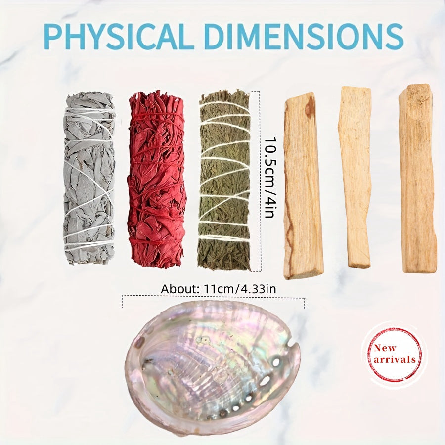 Sage Aromatherapy Cleaning Set, Sage Incense Sticks, Peruvian Holy Wood, Dragon Blood Grass, Cedar Sticks, Abalone Shell Cleaning Set, Gift Set