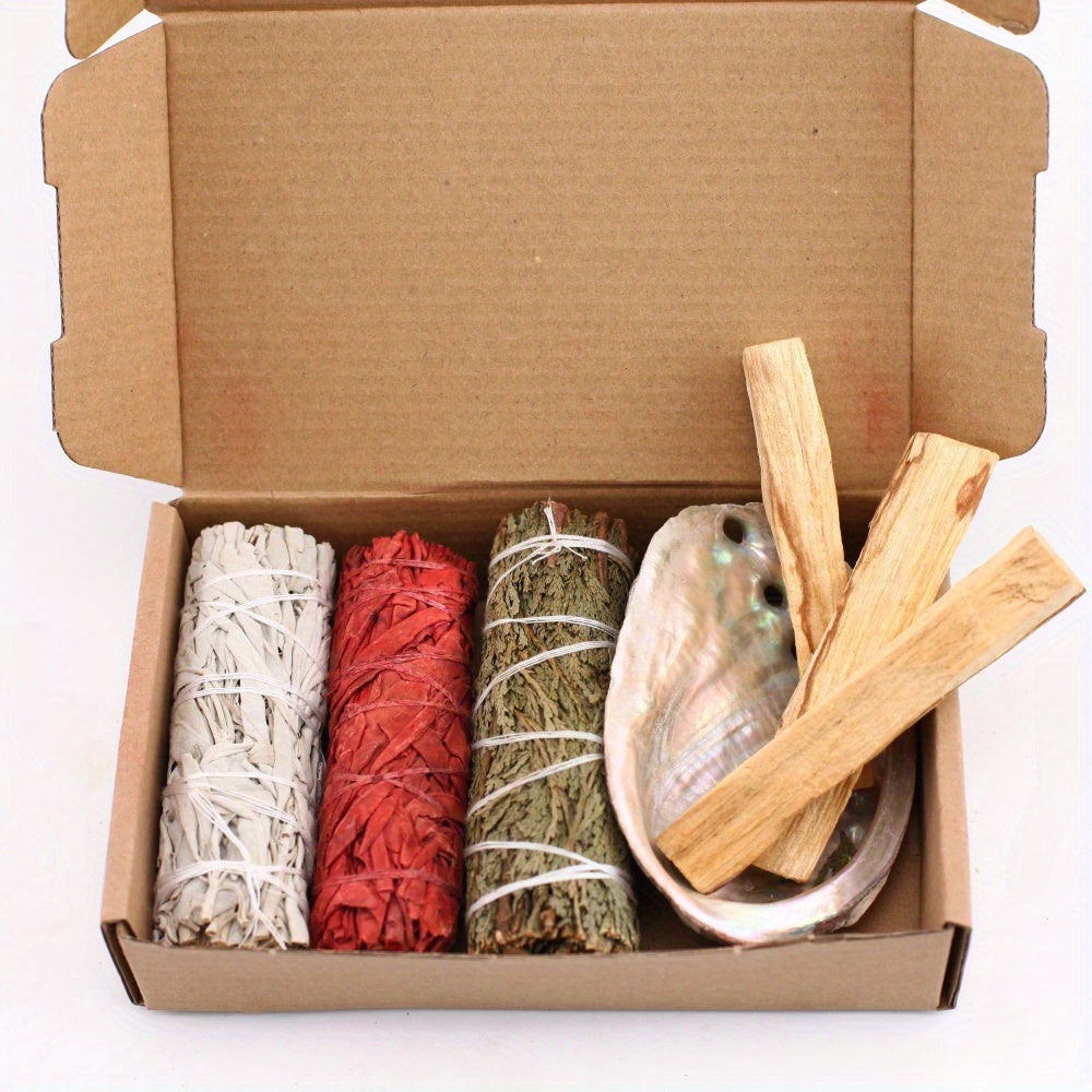 Sage Aromatherapy Cleaning Set, Sage Incense Sticks, Peruvian Holy Wood, Dragon Blood Grass, Cedar Sticks, Abalone Shell Cleaning Set, Gift Set