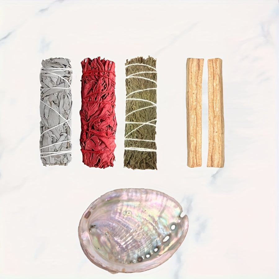 Sage Aromatherapy Cleaning Set, Sage Incense Sticks, Peruvian Holy Wood, Dragon Blood Grass, Cedar Sticks, Abalone Shell Cleaning Set, Gift Set