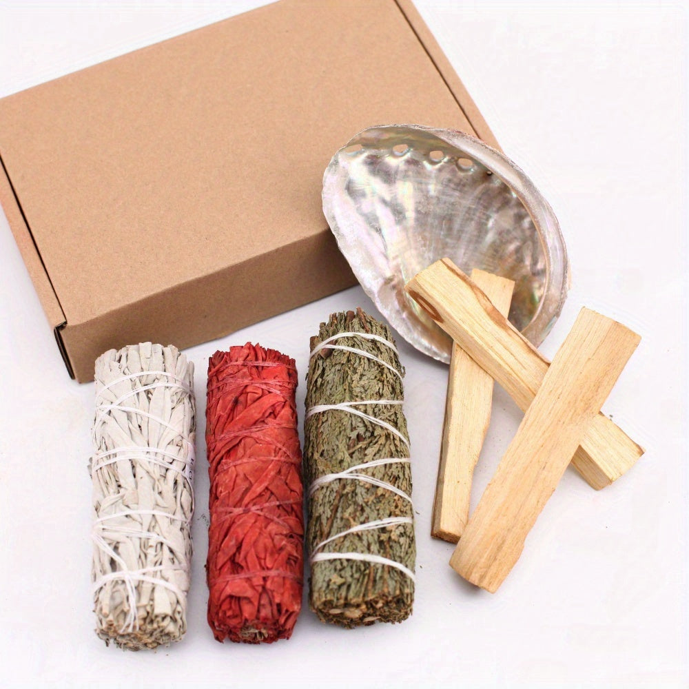 Sage Aromatherapy Cleaning Set, Sage Incense Sticks, Peruvian Holy Wood, Dragon Blood Grass, Cedar Sticks, Abalone Shell Cleaning Set, Gift Set