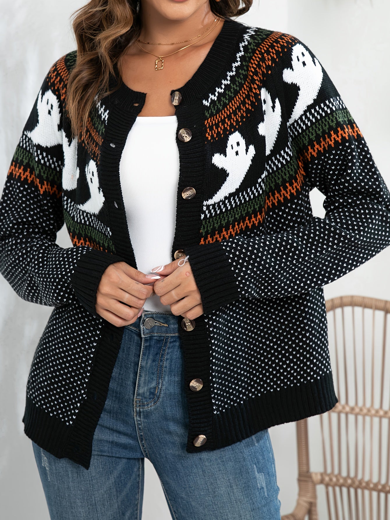 [Halloween] Womens Halloween Ghost Pattern Cardigan Sweater - Soft Knit, Button Down, Vintage Crew Neck, Long Sleeve - Perfect for Halloween, Retro Fashion Staple