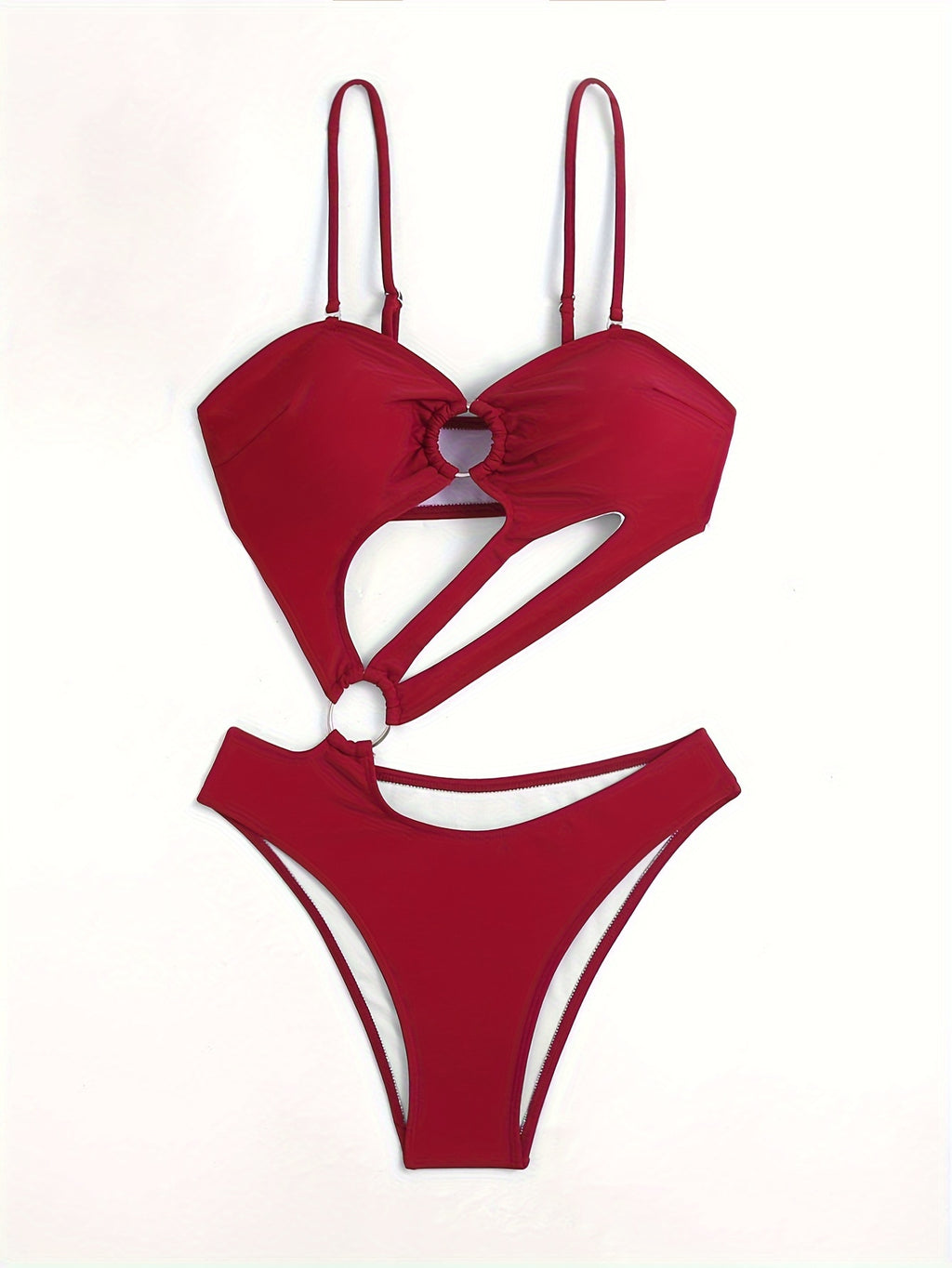 Solid Color Sexy One-piece Swimsuit, Asymmetrical Ring-Linked Cut Out Bathing Suits, Women's Swimwear & Clothing