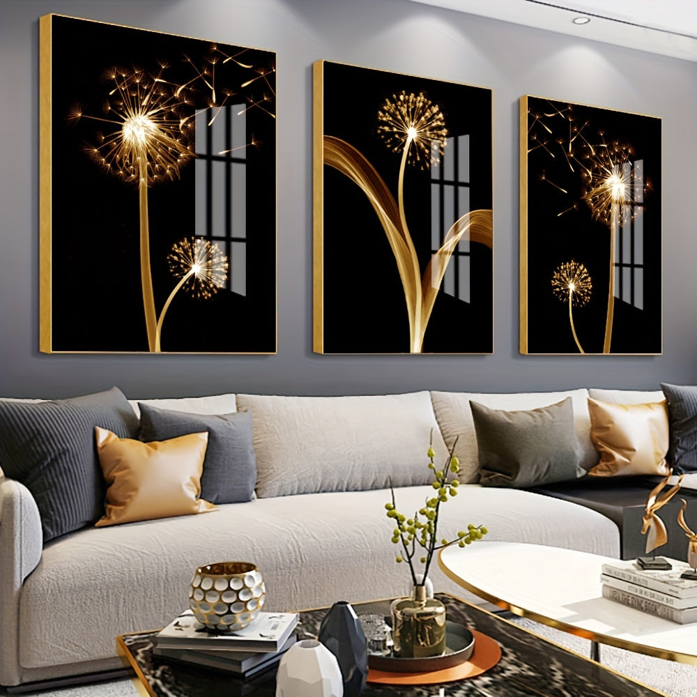 3pcs Golden Abstract Taraxacum Luxury Wall Art Canvas Painting, 15.7*23.6in/40cm*60cm, For Living Room Cuadros Decor, No Frame