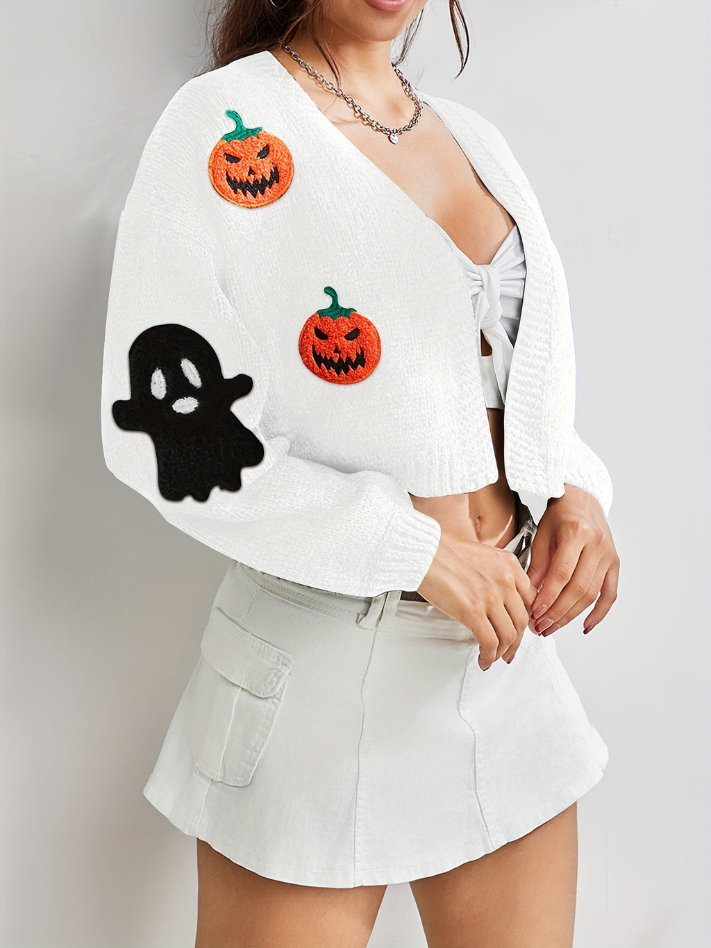Trendy Halloween Pattern Open Front Knit Cardigan - Soft & Comfortable Long Sleeve Crop Sweater for Women - Perfect Autumn Casual Wear