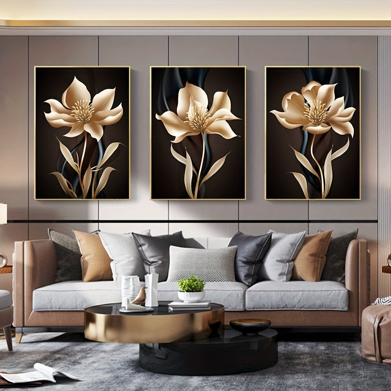 3pcs Frameless Modern Abstract Black and Golden Flower Canvas Painting Wall Art for Living Room Decor - Eye-Catching and Stunning