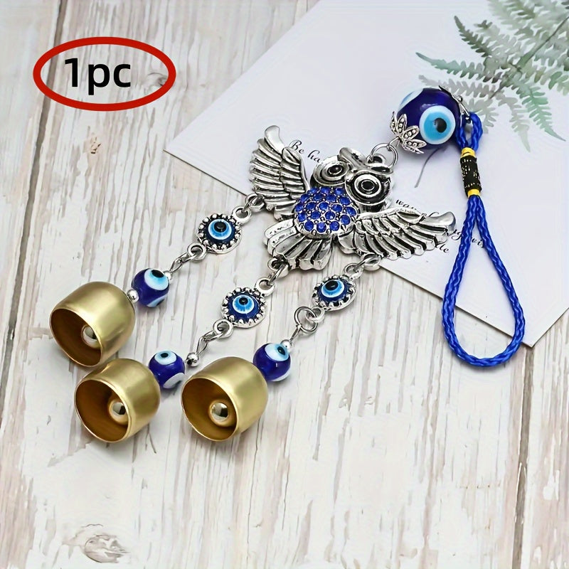 Vintage Evil Eye & Owl Wind Chime - Handcrafted Metal Decor With Three Bells For Home, Garden, And Office Bells For Crafts