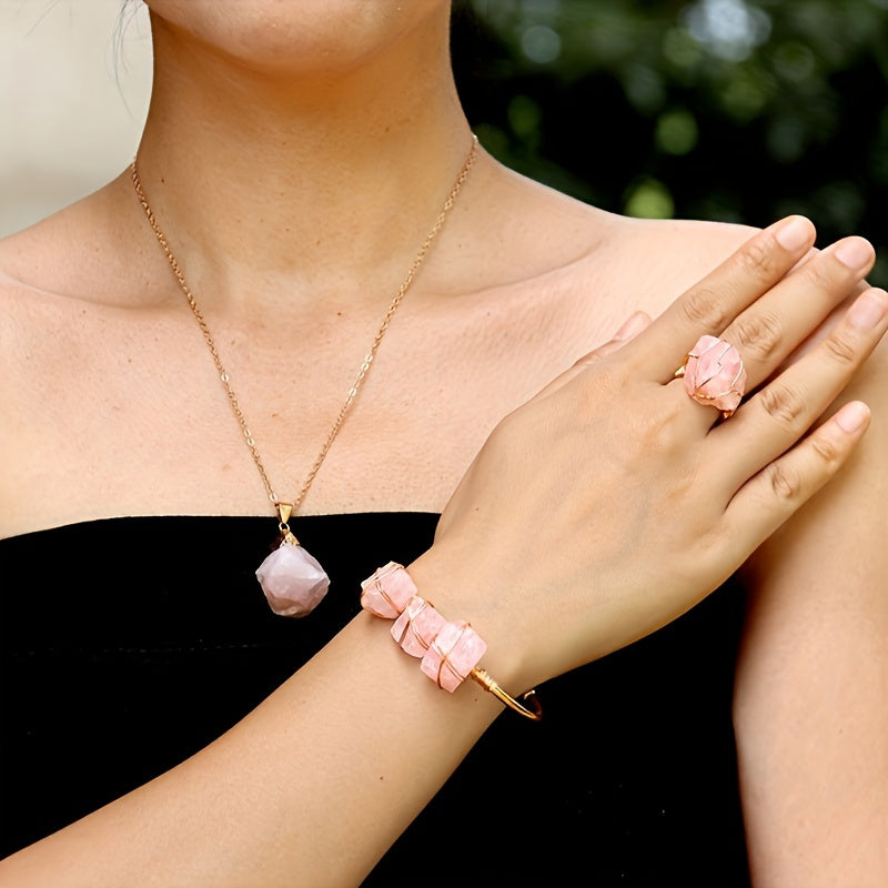 3pcs/Set Of Vintage Bohemian Style Cuff Bracelet Set with Natural Pink Crystal Necklace and Open Ring Jewelry - Perfect Gift for Thanksgiving/Christmas, Wedding Vocation Jewelry Set for Your Lover