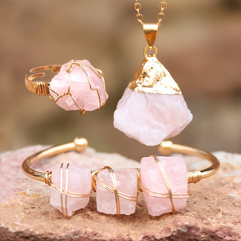 3pcs/Set Of Vintage Bohemian Style Cuff Bracelet Set with Natural Pink Crystal Necklace and Open Ring Jewelry - Perfect Gift for Thanksgiving/Christmas, Wedding Vocation Jewelry Set for Your Lover