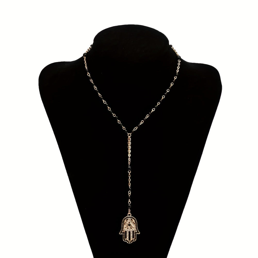 1 Pcs Fatima Hamsa Hand Pendant Necklace For Men., Black Beads Long Chain Evil Eye Necklace For Women And Men, Jewelry Lucky Eye