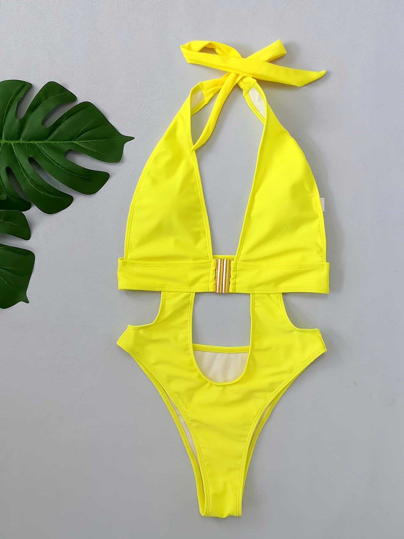Solid Color Sexy One-piece Swimsuit, Halter Neck Buckle Design High Cut Bathing Suits, Women's Swimwear & Clothing