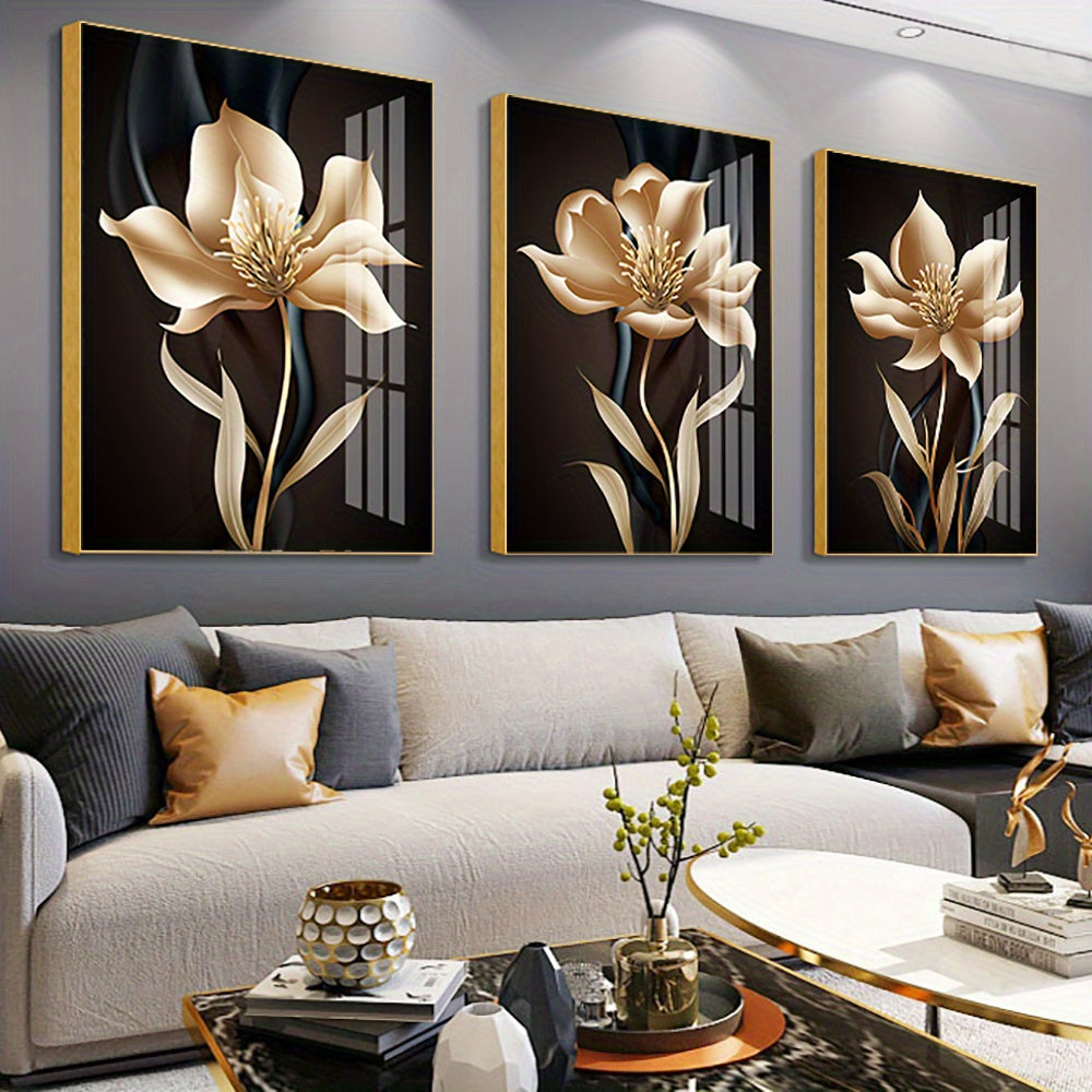 3pcs Frameless Modern Abstract Black and Golden Flower Canvas Painting Wall Art for Living Room Decor - Eye-Catching and Stunning