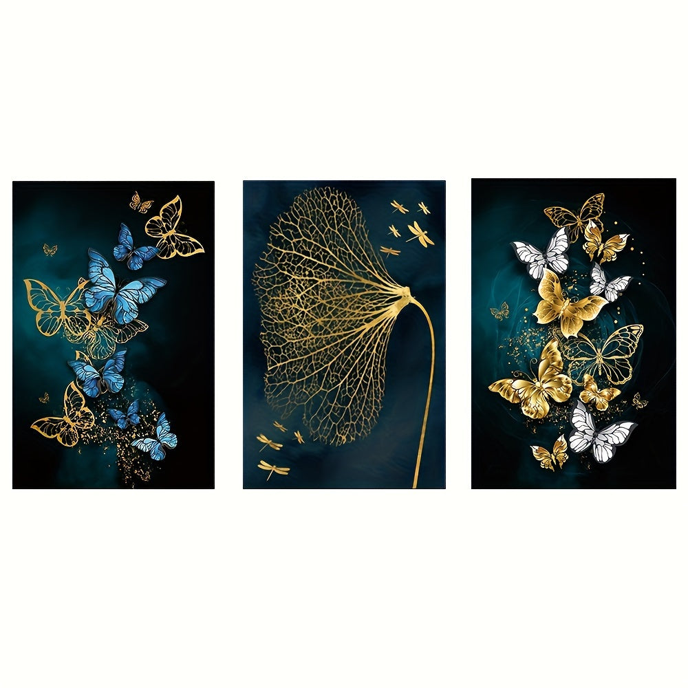 3pcs Golden Canvas Butterfly Leaves Wall Art for Living Room Decor - Elegant and Stylish, 15.7x23.6in/40cmx60cm
