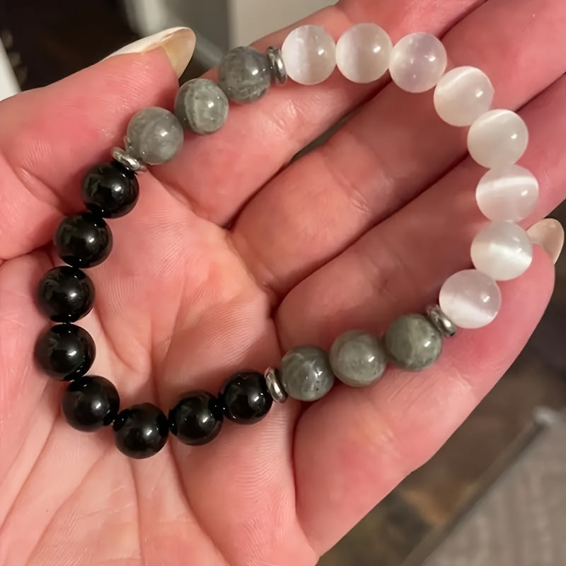 1pc Black Tourmaline & Labradorite Crystal Bracelet, Healing Energy Protection Jewelry, Adjustable Size, Anxiety & Negative Energy Shield