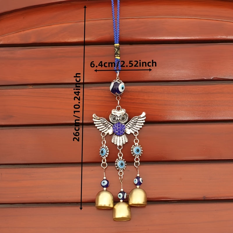 Vintage Evil Eye & Owl Wind Chime - Handcrafted Metal Decor With Three Bells For Home, Garden, And Office Bells For Crafts