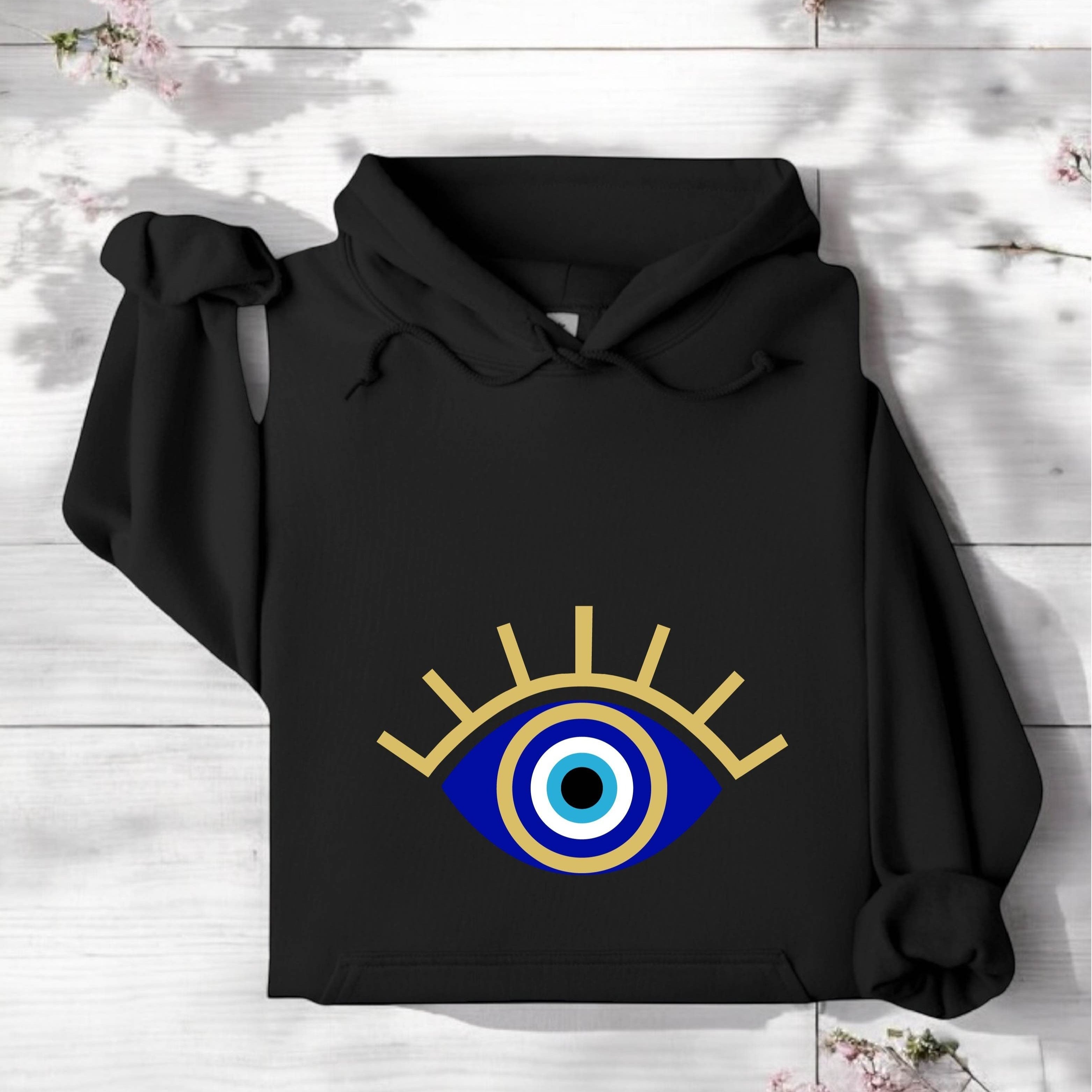AT-121 Evil Eye Hoodie, Spiritual Protection Hoodie, Best Friend Gift, Birthday Gift For Mom Sister, Mystical Travel Hoodie, Santorini Evil Eye Gift, Positive Hoodie