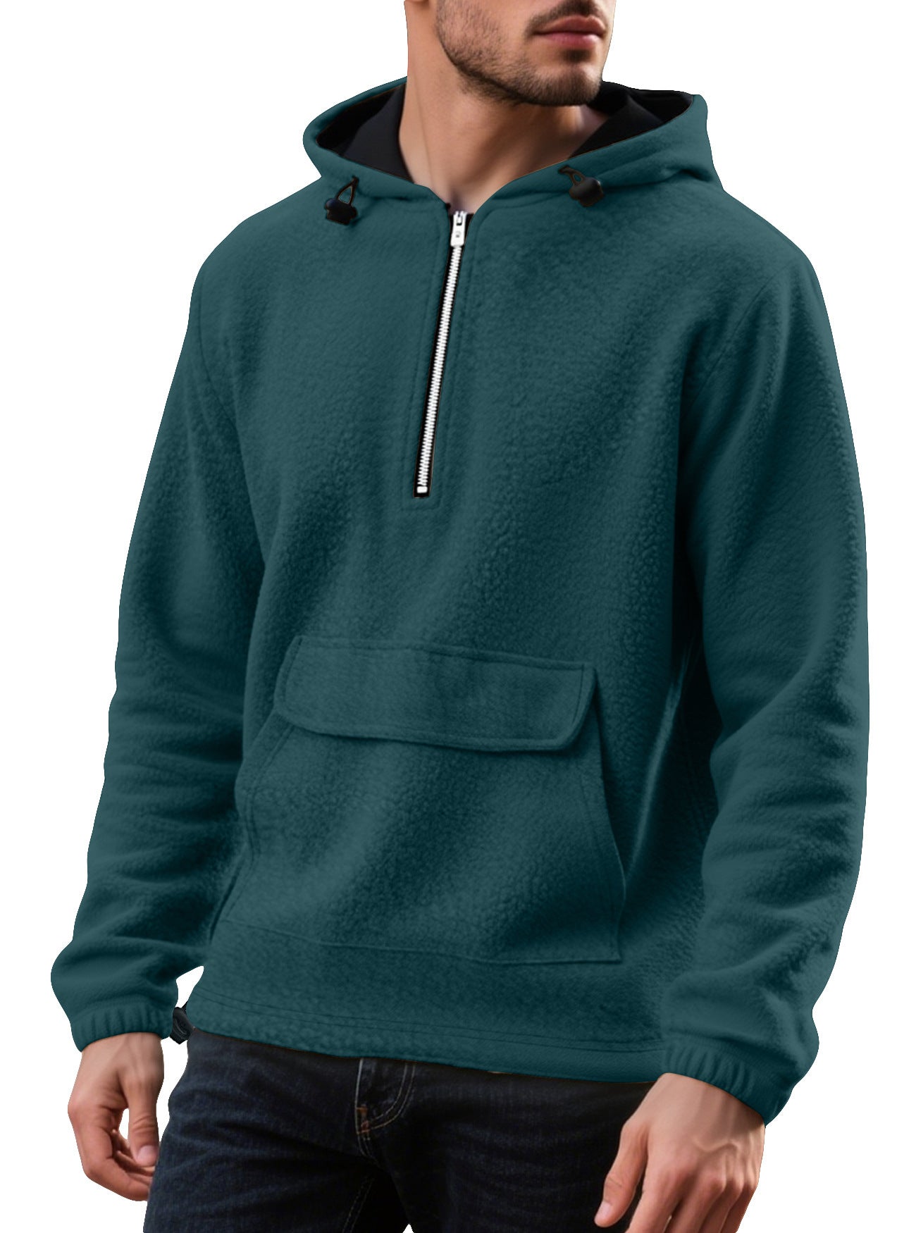 Padded Fleece Sweater Solid Color Half Zip Hooded Work Clothes Pullover