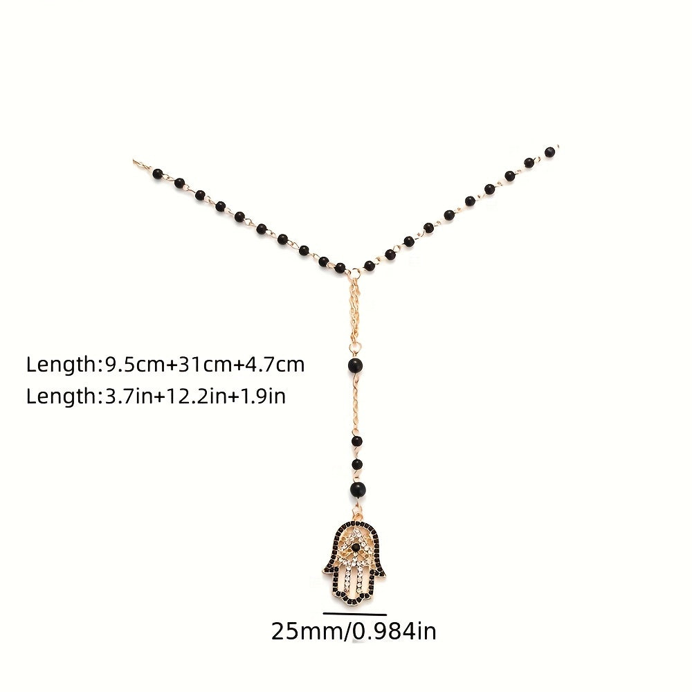 1 Pcs Fatima Hamsa Hand Pendant Necklace For Men., Black Beads Long Chain Evil Eye Necklace For Women And Men, Jewelry Lucky Eye