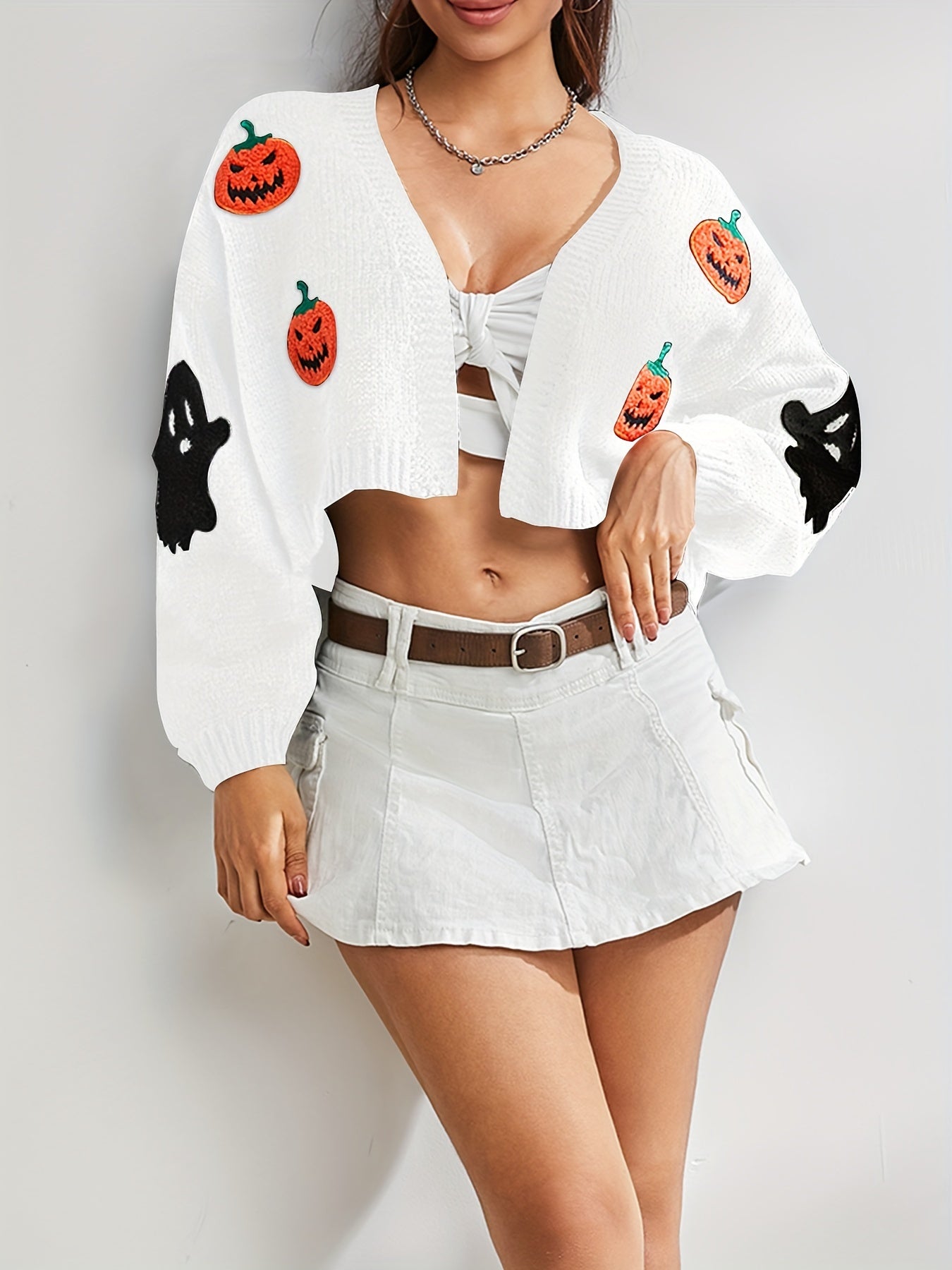 Trendy Halloween Pattern Open Front Knit Cardigan - Soft & Comfortable Long Sleeve Crop Sweater for Women - Perfect Autumn Casual Wear