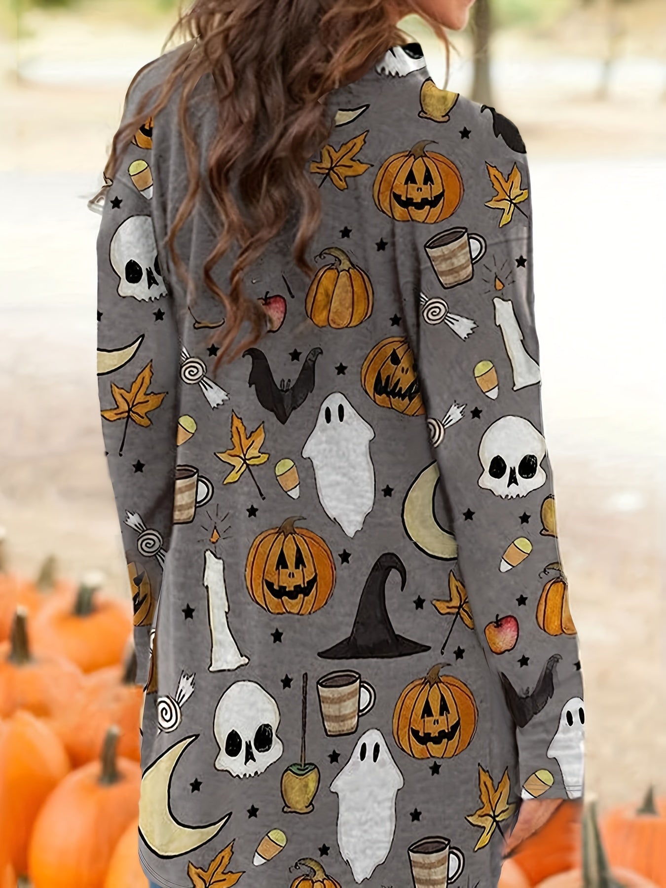 [Halloween] Plus Size Womens Cartoon Pumpkin & Skull Print Long Sleeve Open Front Sweater Cardigan - Soft, Cozy, and Spooky Halloween Fashion - Perfect for Autumn and Holiday Parties