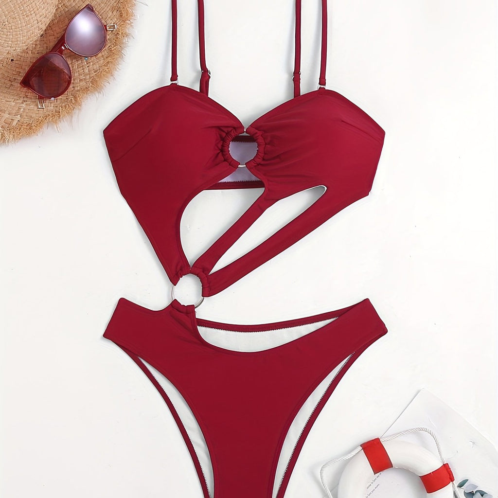 Solid Color Sexy One-piece Swimsuit, Asymmetrical Ring-Linked Cut Out Bathing Suits, Women's Swimwear & Clothing