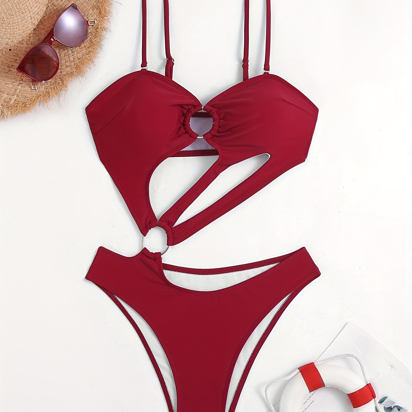 Solid Color Sexy One-piece Swimsuit, Asymmetrical Ring-Linked Cut Out Bathing Suits, Women's Swimwear & Clothing