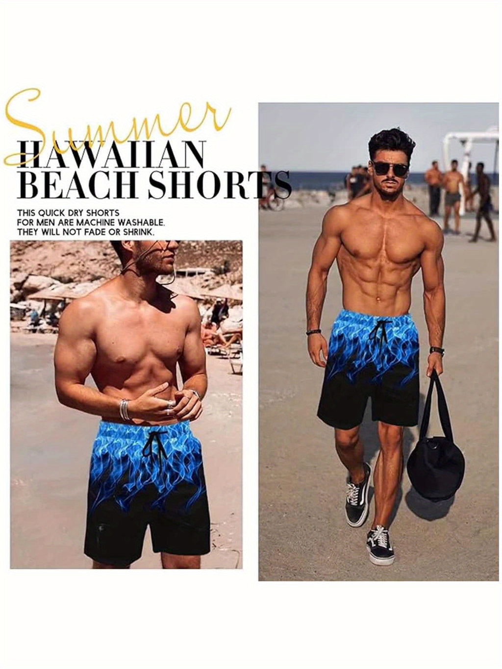 Men's Summer Beach Shorts with Blue Light Rayleigh 3D Flame Print - Breathable Quick-Dry Fabric, Relaxed Fit & Drawstring Pockets - Soft Comfortable Casual Swim Trunks for Outdoor Vacations, Bathing Suits, Breathable Fabric
