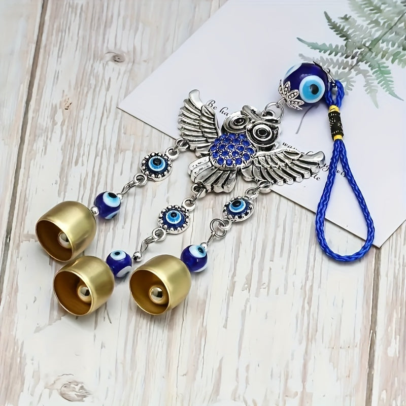 Vintage Evil Eye & Owl Wind Chime - Handcrafted Metal Decor With Three Bells For Home, Garden, And Office Bells For Crafts