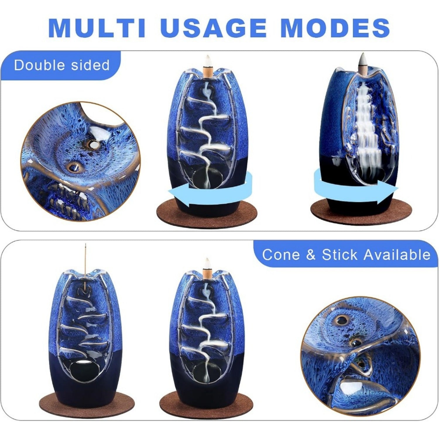 1pc SOLEJAZZ Ceramic Counter Current Incense Burner, Dual-Sided Waterfall Design, 120 Cones & 30 Sticks, Aromatherapy Home Decor, Navy Blue, No Electricity Needed