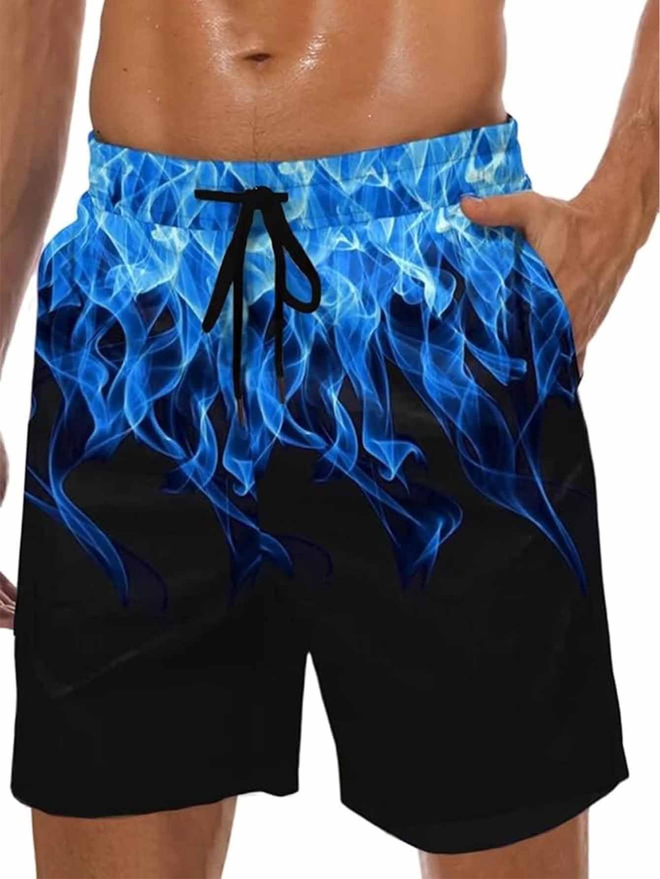 Men's Summer Beach Shorts with Blue Light Rayleigh 3D Flame Print - Breathable Quick-Dry Fabric, Relaxed Fit & Drawstring Pockets - Soft Comfortable Casual Swim Trunks for Outdoor Vacations, Bathing Suits, Breathable Fabric