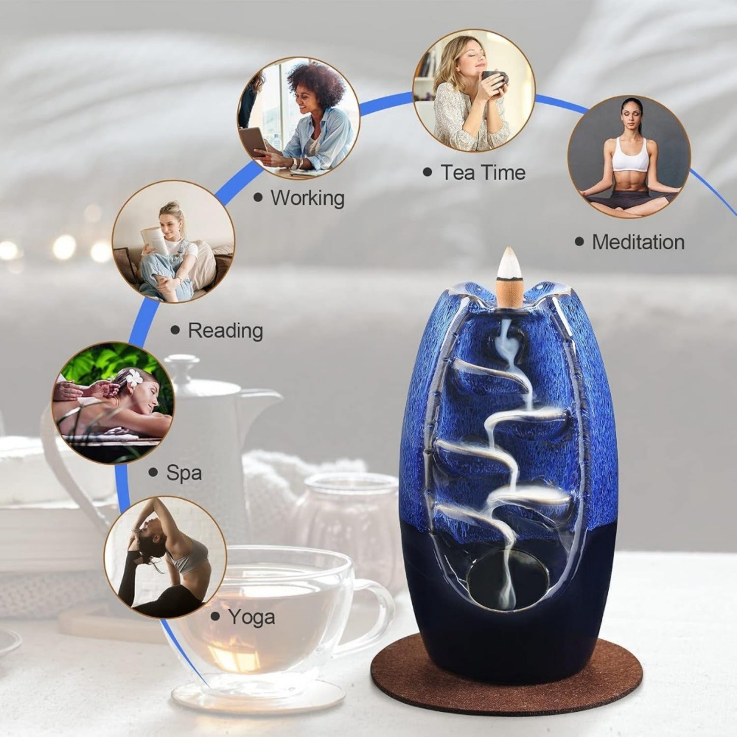 1pc SOLEJAZZ Ceramic Counter Current Incense Burner, Dual-Sided Waterfall Design, 120 Cones & 30 Sticks, Aromatherapy Home Decor, Navy Blue, No Electricity Needed