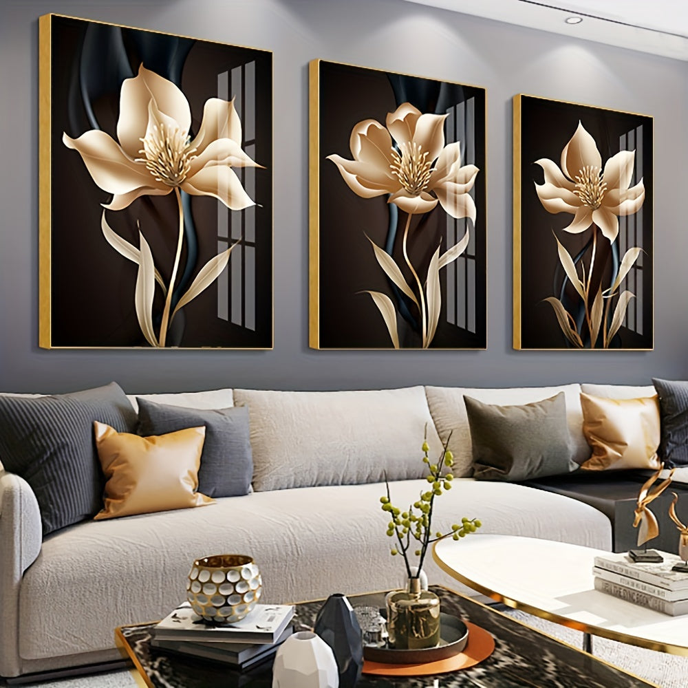3pcs Frameless Modern Abstract Black and Golden Flower Canvas Painting Wall Art for Living Room Decor - Eye-Catching and Stunning