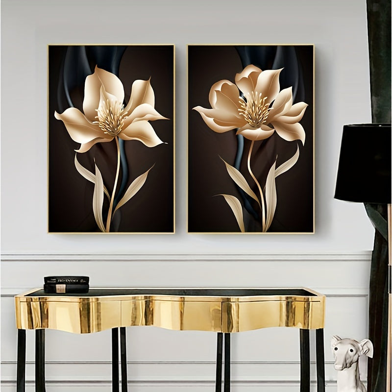 3pcs Frameless Modern Abstract Black and Golden Flower Canvas Painting Wall Art for Living Room Decor - Eye-Catching and Stunning
