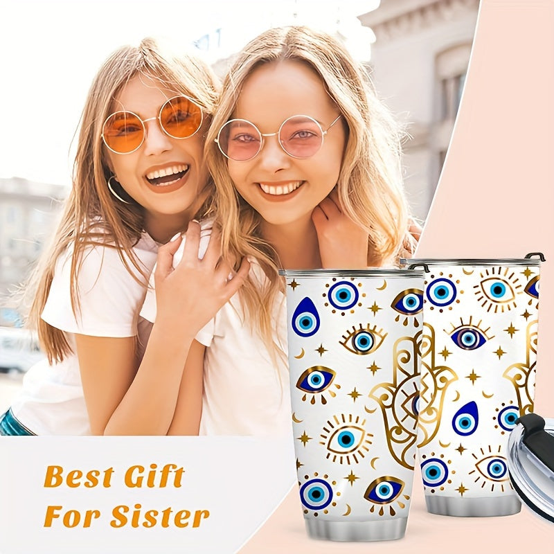 20oz Stainless Steel Insulated Coffee Mug with Lid & Straw - Evil Eye Moon Design, Reusable Vacuum Tumbler for Travel, Ideal Birthday Gift